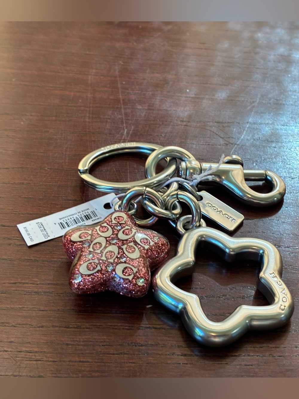 Coach Pink Glitter Star & Silver Flower Keyring Charm